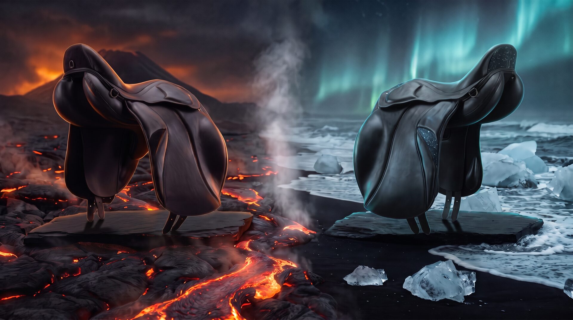 Two saddles side by side: Arctic Wild on the left in front of a lava field and volcano, Arctic Ice on the right at Diamond Beach under the northern lights