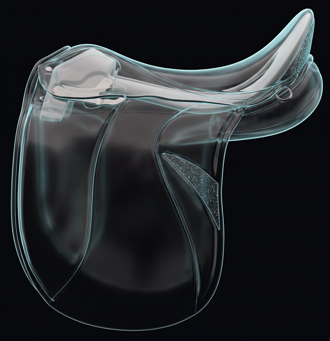 Transparent Icelandic horse saddle showing the white saddle tree inside